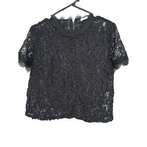 Zara Size Large Womens Top Black Lace Sheer Short Sleeve High Neck Blouse NWT